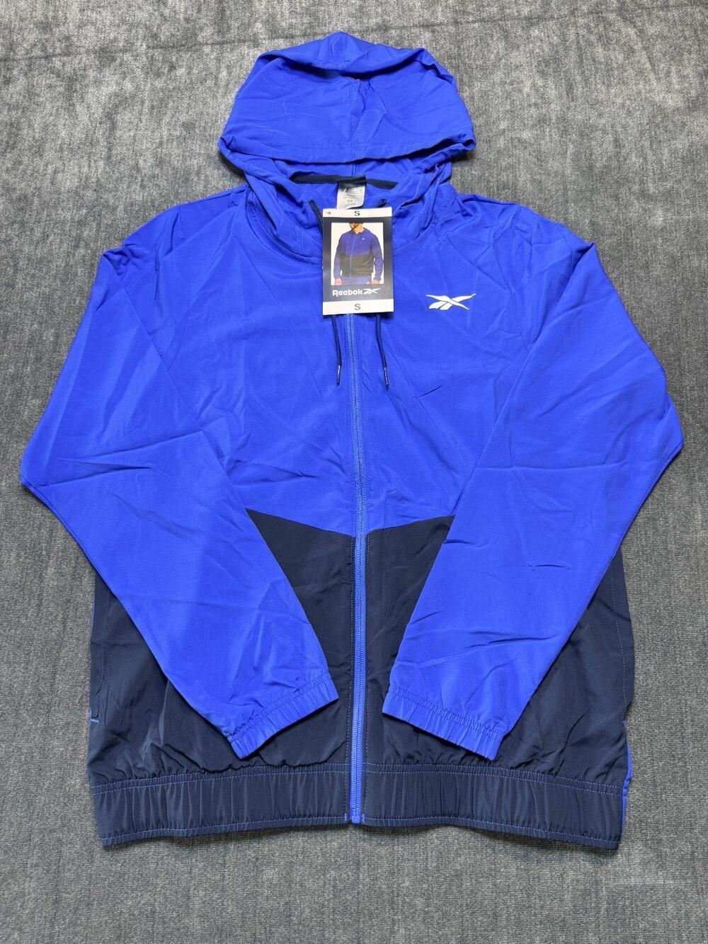 NWT Reebok Full Zip Training Woven Jacket Men's Small Navy Blue Adjustable Hood